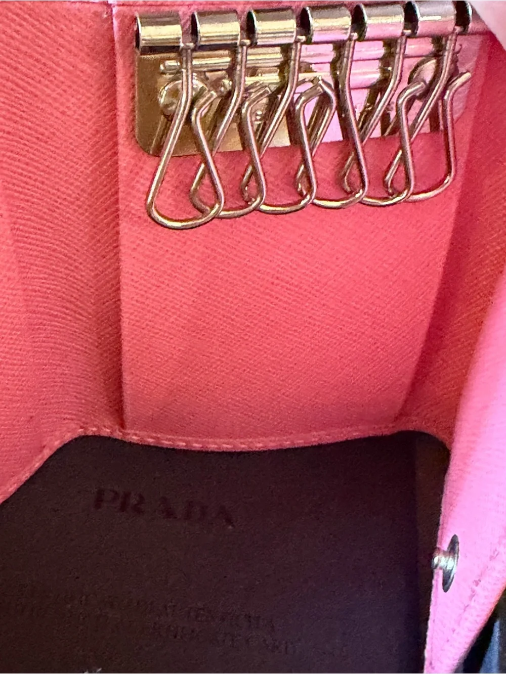 Prada Pink Saffiano Leather Card Holder/Key Holder with Gold Triangle Logo
